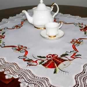 Christmas Tablecloth RIBBON BELLS & LACE (36x36) NEW